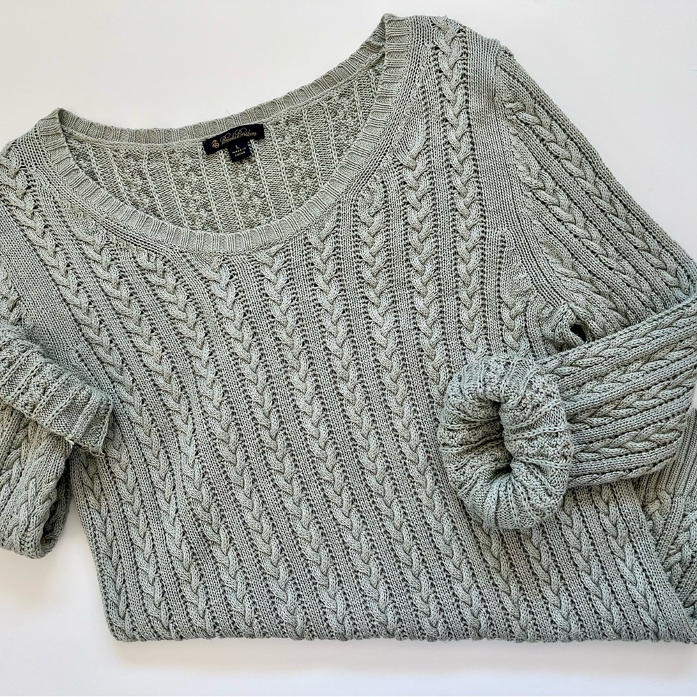Brooks Brothers Light Sage Green Cable Knit Scoop Neck Sweater